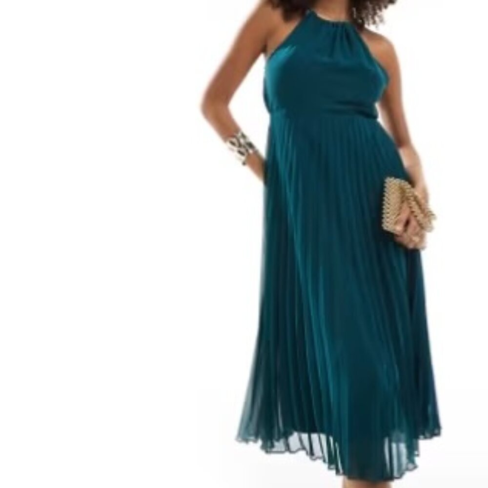 ASOS DESIGN Pleated Chiffon Midi Dress with Halter Neck - Green